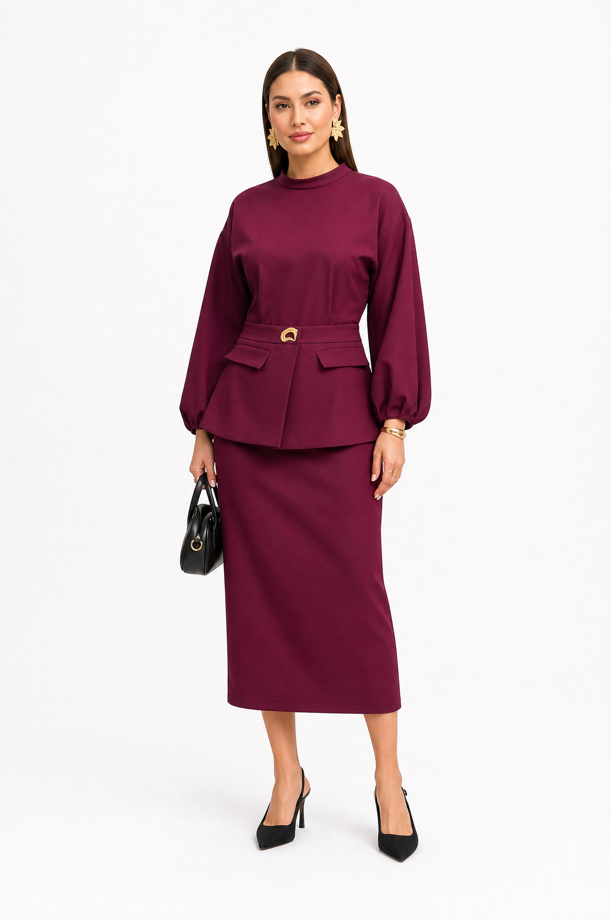 Set 2-pjesësh elegant në ngjyrë bordo me bluza mëngë të gjata dhe fund midi