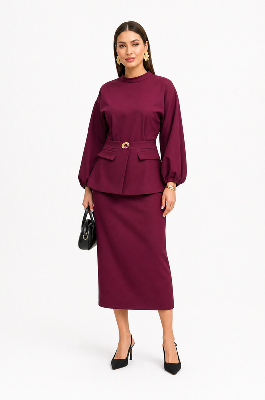 Set 2-pjesësh elegant në ngjyrë bordo me bluza mëngë të gjata dhe fund midi